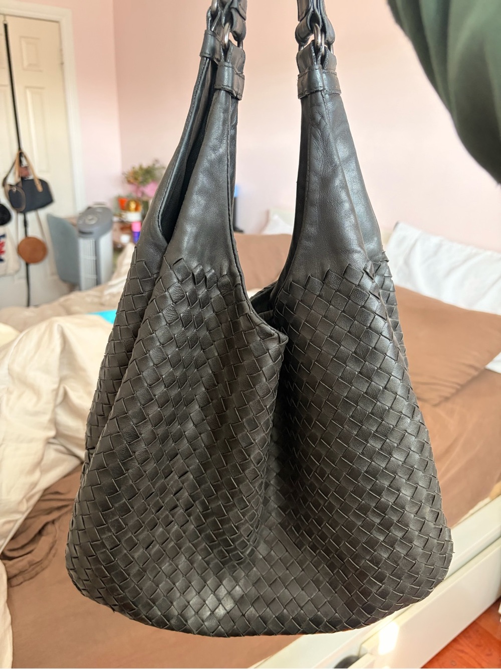 Woven Leather Hobo Bag - Black